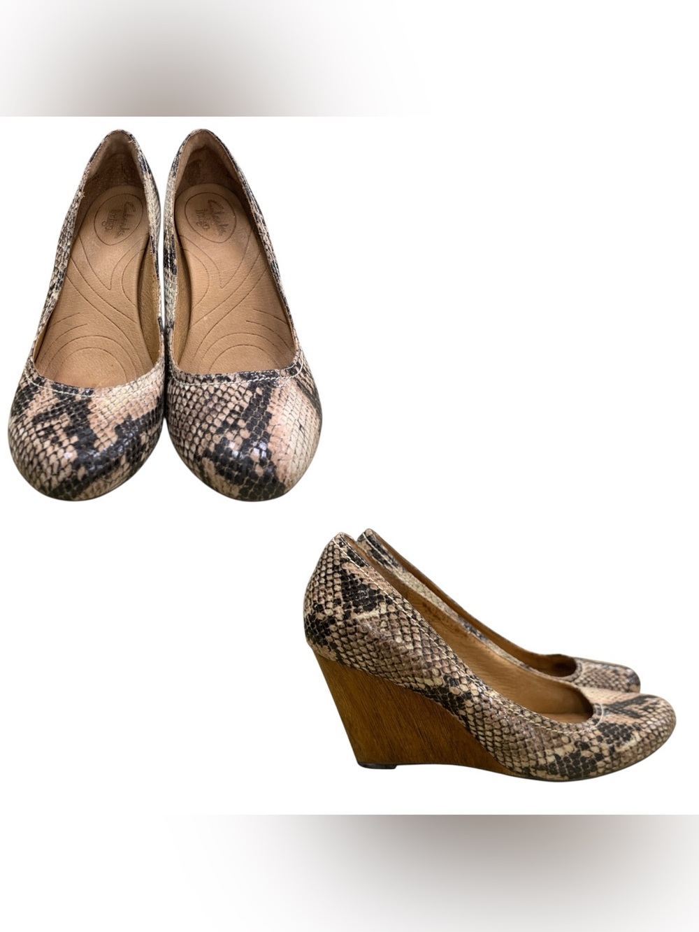 Clarks Snake-Print Wedge Pumps in Neutral Tones S7.5